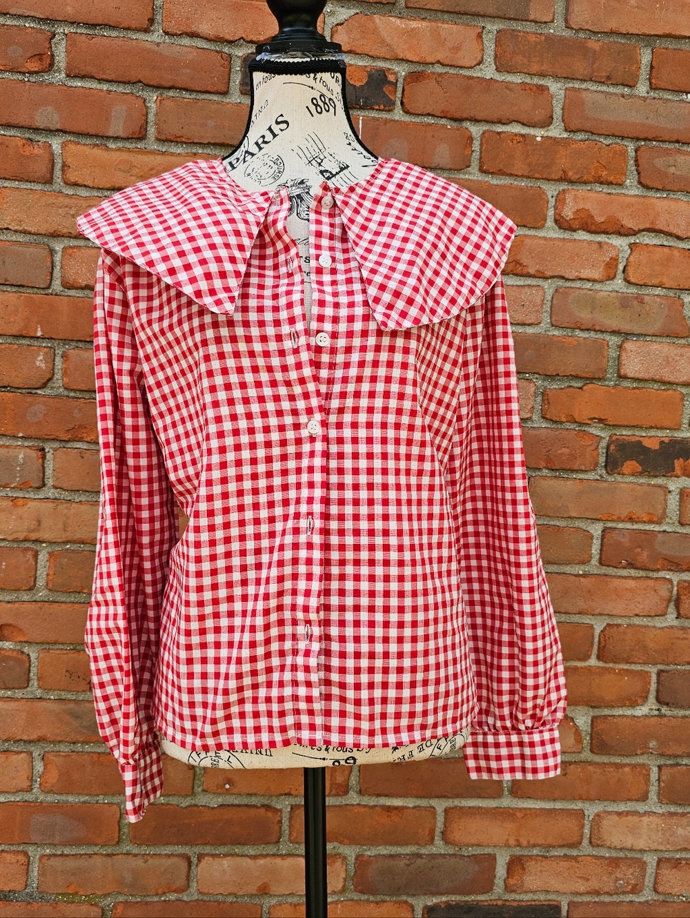 Vintage- Inspired Red White Gingham Blouse Oversized Collar Prairie Cottagecore